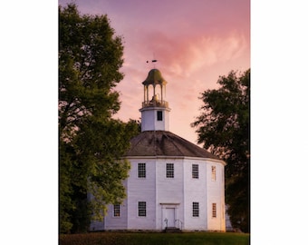 Photographie d'église du Vermont | Église ronde historique | Décoration murale coucher de soleil en Nouvelle-Angleterre