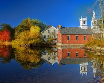 Reflets du feuillage d'automne New Hampshire | Village historique Mill Pond | Impression photo Nouvelle-Angleterre