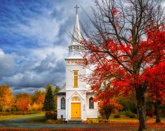 Impression photo de feuillage d'automne de la chapelle St Matthews | Décoration murale paysage du New Hampshire