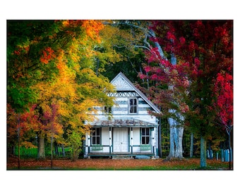 Impression de maison de corbillard du Vermont, photographie de feuillage d'automne, art mural d'automne de la Nouvelle-Angleterre