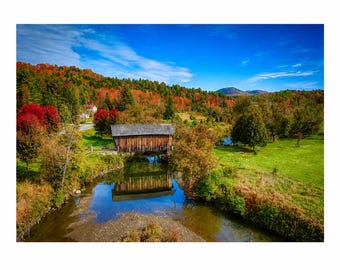 Pont couvert Martin, Vermont, feuillage d'automne | Photographie de paysage d'automne de Nouvelle-Angleterre