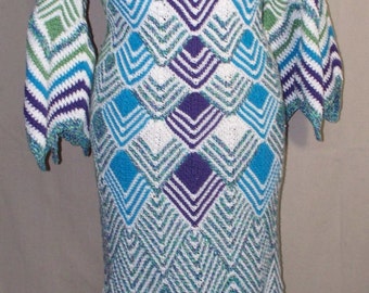 Long Dress, Hand Knit Mitered Diamonds, Cotton