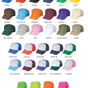 May include: A collection of baseball caps in various colors, including royal blue, red, black, and navy. The caps are displayed with their color names, such as "Royal," "Red," and "Black." Some caps have a white front panel.