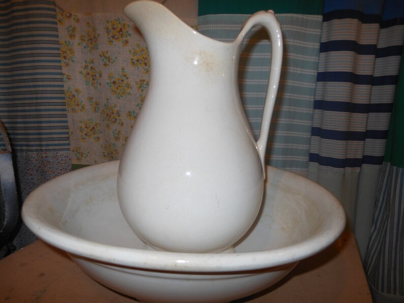 Large Antique White Ironstone Pitcher And Bowl Old Crescent Etsy