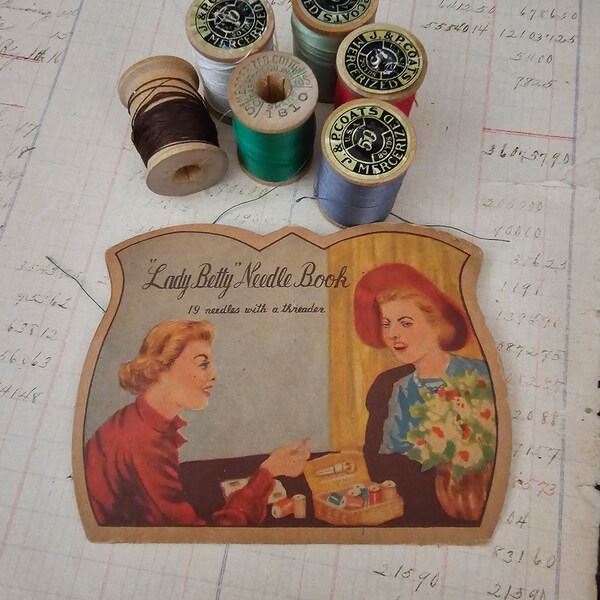 7 Piece Vintage Antique Lot of Wood Thread Spool Needle Book Sewing Destash