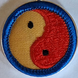 May include: A silver pendant with a blue and white yin yang symbol on a fabric background. The yin yang symbol is red and gold.