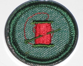 Sewing Necklace Spool Red Thread Needle Craft Seamstress Quilters Badge Red Patch Original Girl Scout Fifties Repurposed Jewelry