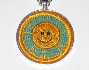 Smiley Face Necklace Sunshine Outdoor Fun Badge Junior Girl Scout Original 1980s Cloth Embroidered Patch Happy Camper Glamping Necklace Gift