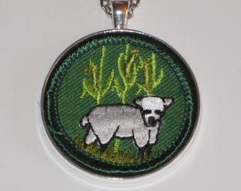 Sheep Necklace  Food Fibers & Farming Badge Patch Girl Scout Jr. Jade Vintage Authentic Cloth Badge Sheep Herder Farmer Novelty Gift