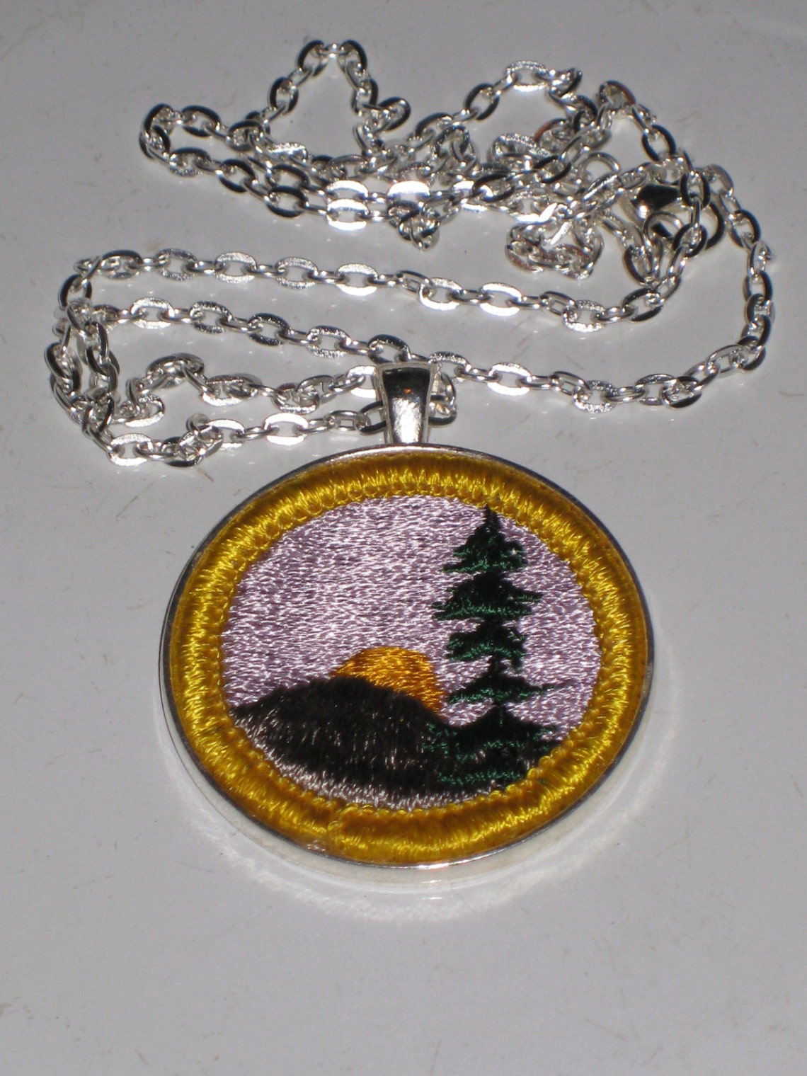 Hiker Badge Necklace Girl Scout Cadette Sunset Evergreen Tree Hill Path