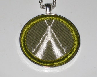 Boy Scout Merit Badge Tent Camping Necklace BSA Leader Gift Patch OOAK Necklace Camper Gift