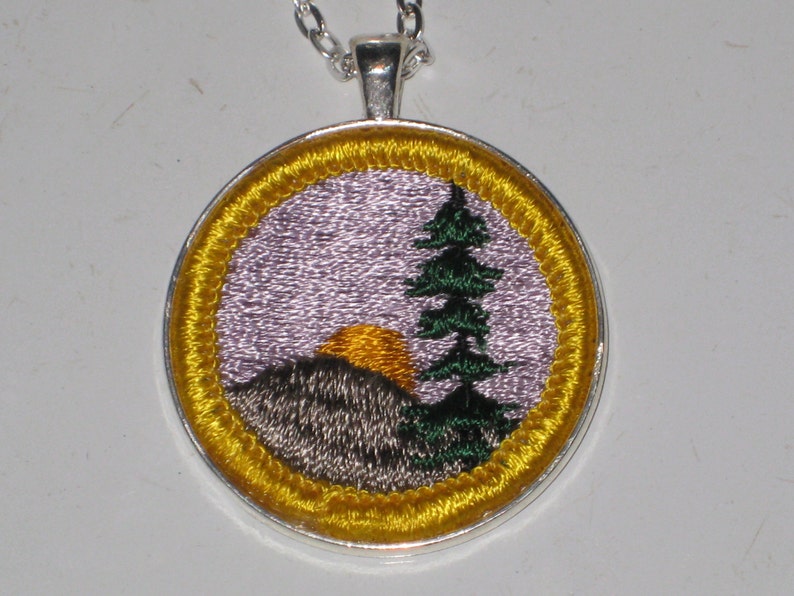Hiker Badge Necklace Girl Scout Cadette Sunset Evergreen Tree Hill Path