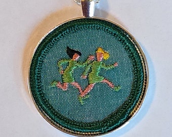 Girl Scout Badge Necklace 2 Girls Running World Games Jr. & Intermediate Sixties Seventies Original Cloth Patch OOAK Gift Troop or Leader