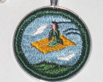 Magic Carpet Ride Necklace Vintage Girl Scout Badge Book Reading Badge Novelty Gift For Her Gretchens Cabin