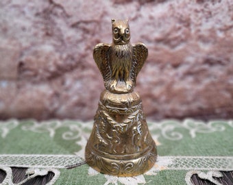 Unusual Brass Figural Owl Hand Bell Hunt Scene Relief Heavy 5.5 Inches