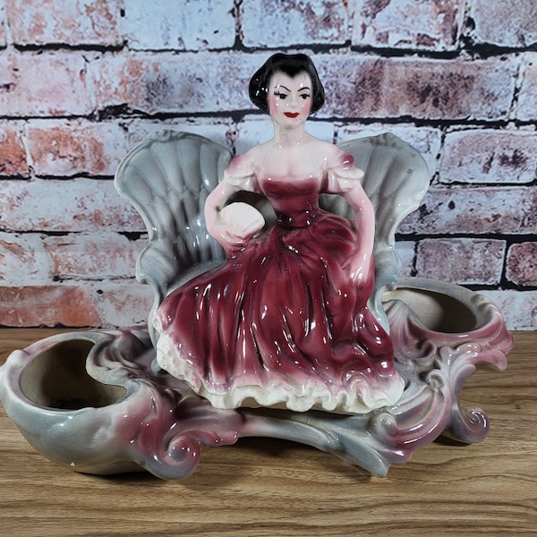 MCM Los Angeles Lane Company Ceramic Double Television Planter Woman on Sofa with Label