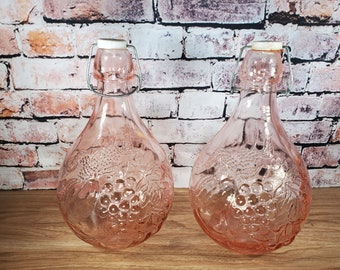 Pair Vintage Italian Pink Casadis Milano Jus De Fruits Glass Bottle Decanters
