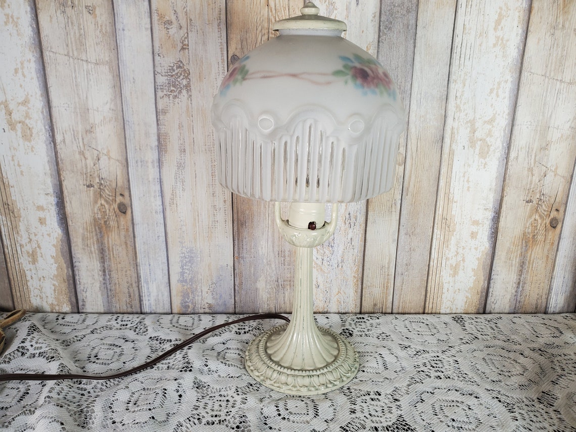 Victorian Aladdin Cast Iron Lamp Reverse Painted Roses Glass Etsy
