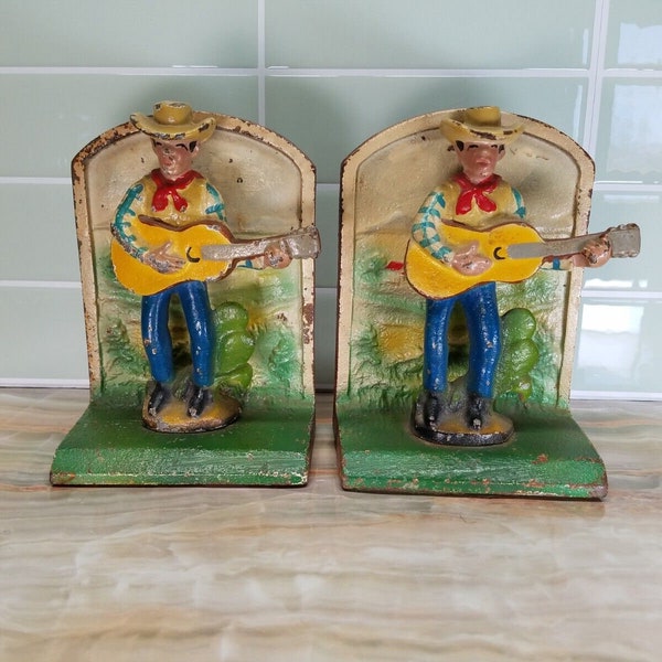 Painted Cast Iron Cowboy Country Western Guitar Bookends