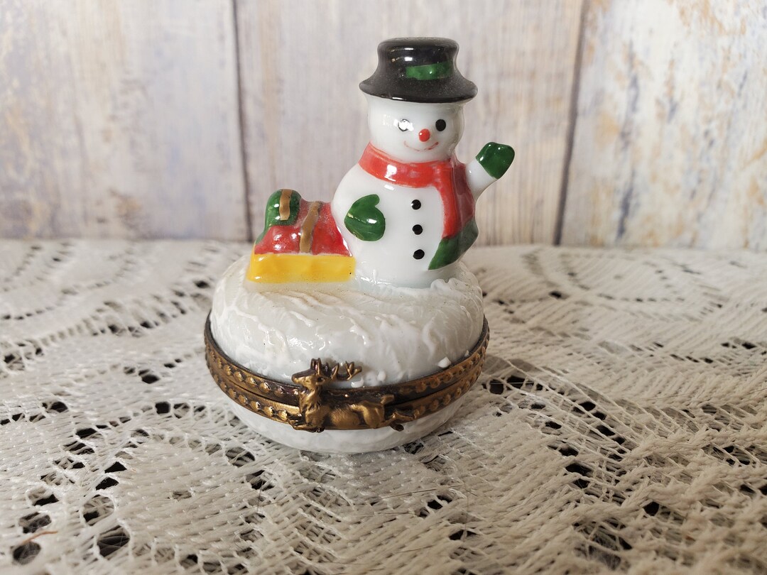 Rochard Limoges Snowman Trinket Box Reindeer Clasp Peint Main Hand