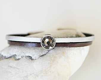 SWAROVSKI BRACELET for women - Gift under 20 - Women gift - Beaded bracelet - Fashion jewelry - gift for her - BROWN and silver leather