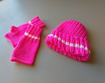 Warm Knitted Hat and Fingerless Gloves in 'Tickle Me Pink'