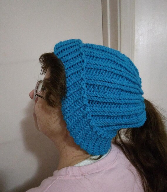 Handmade Hand Crafted Knit Messy Bun Hat adult/teen size blue Hand Knit Messy Bun Hat: Blue, Gold, & Grey Boho Ponytail  main image 4