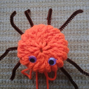 May include: An orange crocheted spider with brown pipe cleaner legs and purple googly eyes. Two strands of orange yarn extend from the bottom. This handmade spider is a whimsical craft project.