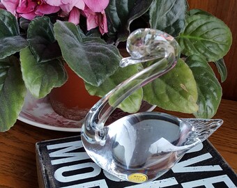Swedish Lead Crystal Small Swan Figurine with Original Label