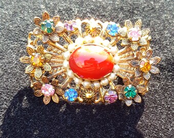 Czech Art Nouveau Red Cabochon Pearl Brooch/Pendant with Colored Rhinestone Flowers