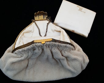 Vintage Microbead Art Deco Handbag with Matching Satin Cased Mirror with Rhinestone Clasp