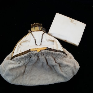 Vintage Microbead Art Deco Handbag with Matching Satin Cased Mirror with Rhinestone Clasp