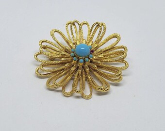 Vintage Capri Gold Tone Floral Spiral Brooch with Faux Turquoise and Amethyst