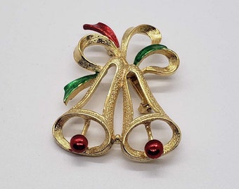 Christmas Bells Brooch with Red & Green Enamel Ribbons by Gerry’s