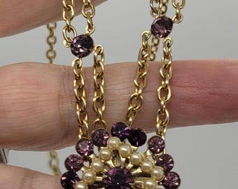 Vintage Faux Pearl and Amethyst Pendant Necklace with Gold Tone Chain