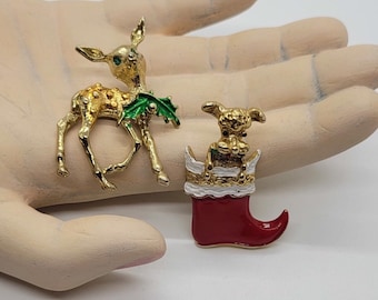 Vintage Taiwan Enamel and Rhinestone Christmas Brooches Set of 2