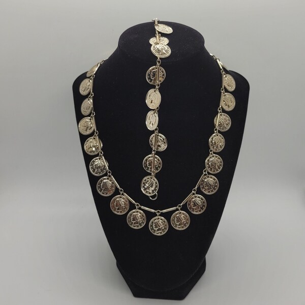 Vintage Silver Tone Coin Necklace and Bracelet Set