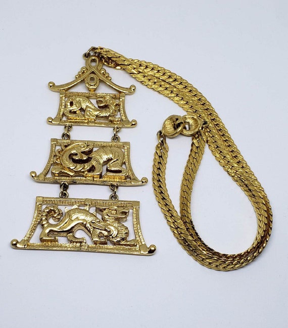 Mid-Century Signed Monet Gold Tone Dragon Pagoda … - image 1