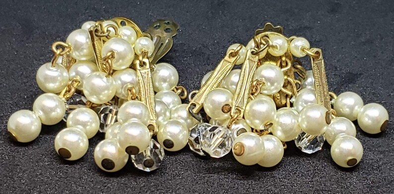 Signed Lisner Clip On Cascade Pearl and Crystal Cha-Cha Earrings