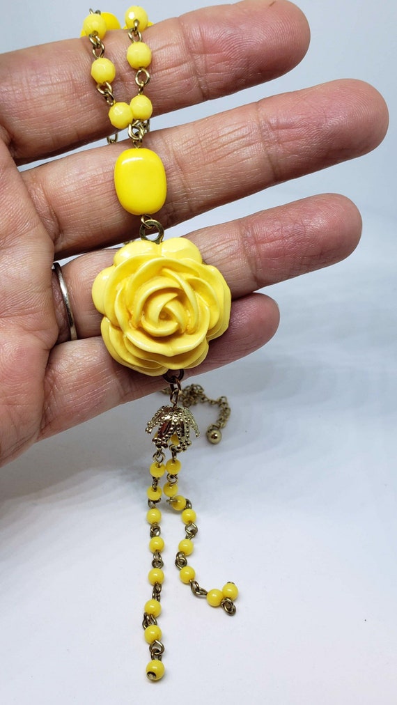 Mid Century Celluloid Yellow Rose Lavalier Chain a