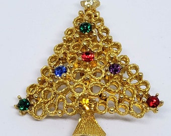 1960s Vintage J.J.Jonette Multicolored Rhinestones Goldtone Christmas Tree Brooch