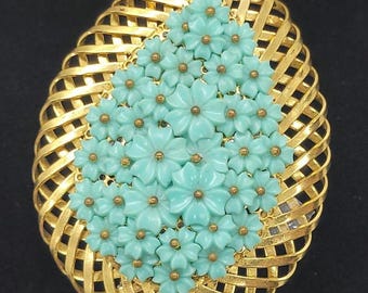 Rare Unsigned 1940s Miriam Haskell Gold Tone and Teal Blue Celluloid Flower Dress Clip/Pendant
