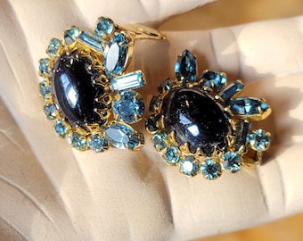 Brilliant Blue Vintage Signed Hattie Carnegie Rhinestone Clip-On Earrings