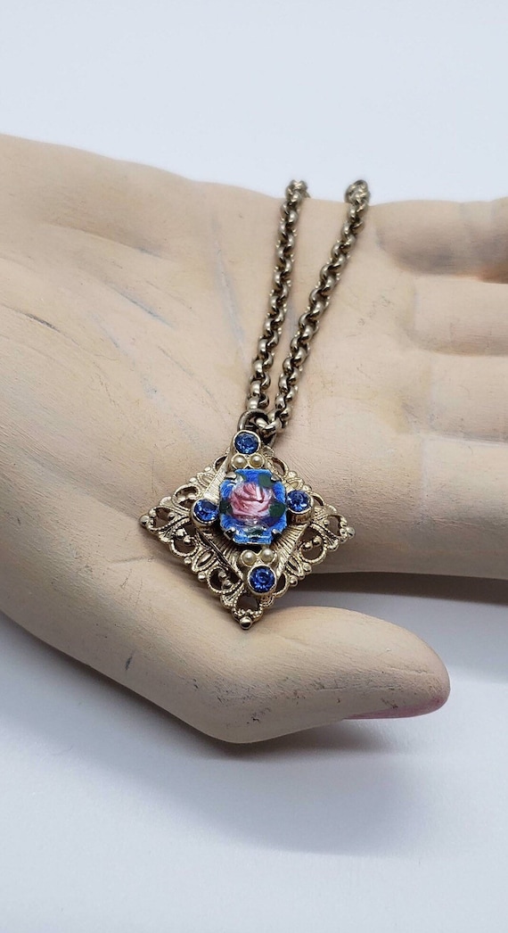 1930s Guilloche Vintage Enamel Blue & Pink Rose Caboc… - Gem