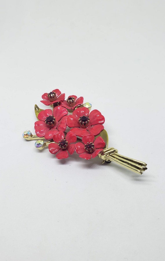 Mid-Century Vintage Coro Enamel Red and AB Rhinest