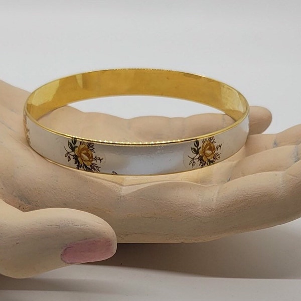 Vintage MCM Japan Guilloche Enamel Gold Tone Yellow Rose Bangle Bracelet