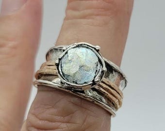 Vintage Or Paz Israel Sterling Ring with Roman Glass and 14K Rose Gold Plated Spinners Size 8
