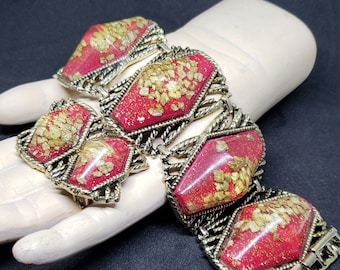 Vintage Thermoset Confetti Jewelry Set: Red Gold Panel Bracelet Earrings