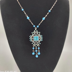 Vintage Faux Turquoise Southwestern/Victorian Pendant on Silver Tone Chain