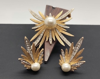 Vintage Faux Pearl, Rhinestone in Gold and Silver Starburst Brooch and Clip-On Earrings